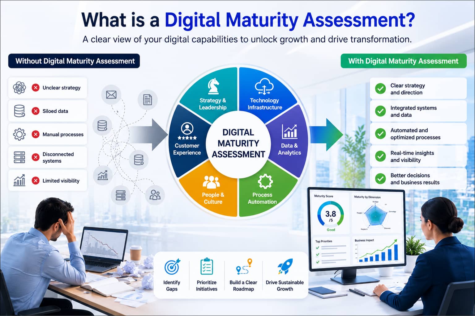 Digital maturity assessment comparison showing challenges, capability gaps, and business improvements.